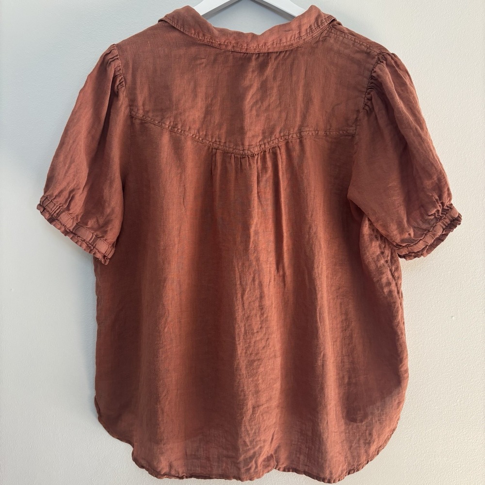 Pilcro 100% Linen Button Up Puff Sleeve Blouse Women's L Rust Lagenlook Ruffle - Picture 3 of 8